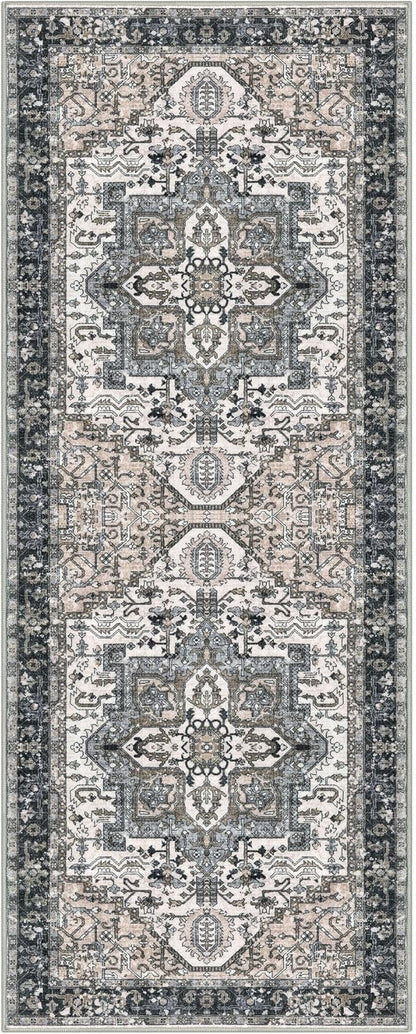 KOZYFLY Runners for Hallways 2x6 Ft Washable Kitchen Runner Rug Boho Runner Rug for Entryway Indoor Printed Oriental Faux Wool Floor Carpet Runner for Bedroom Kitchen Hall, Black/Taupe/Beige