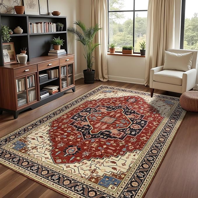 4x6 Orange Red Area Rug for Living Room, Machine Washable Rugs with Non-Slip Backing for Bedroom, Vintage Medallion Carpet Kitchen Laundry Kids Room Decor