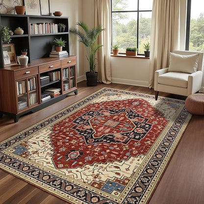 4x6 Orange Red Area Rug for Living Room, Machine Washable Rugs with Non-Slip Backing for Bedroom, Vintage Medallion Carpet Kitchen Laundry Kids Room Decor
