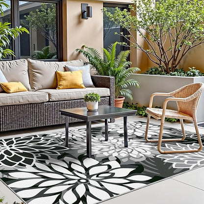 3x5 Washable Rug for Living Room Tropical Botanical Modern Floral Chenille Area Rugs Low Pile Non Slip Carpet for Patio, Bedroom, Laundry, Black