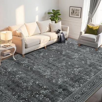 Large 8x10 Washable Area Rug for Living Room, No Shedding Vintage Floral Rugs Non Slip, Indoor Thin Retro Accent Carpet for High Traffic Areas Bedroom Farmhouse Dining Room Black/Gray