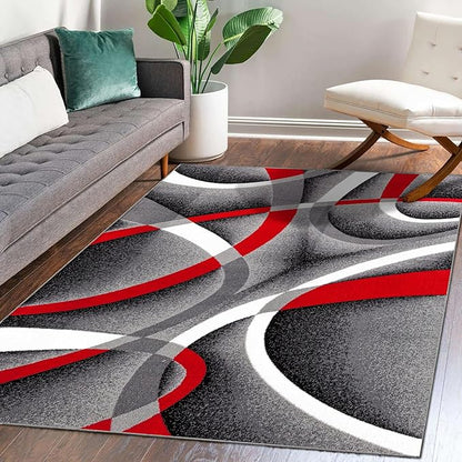 2305 Gray Black Red White Swirls 6'5 x 9'2 Modern Abstract Area Rug Carpet