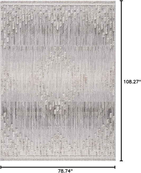 Hauteloom Poydras Farmhouse Living Room Bedroom Modern Moroccan Area Rug - Soft Shaggy High Low Carpet - High Pile - Bohemian, Boho - Gray, Beige, Cream - 6'7" x 9'