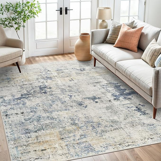 Abstract Rug 5x7 Machine Washable Area Indoor Blue Yellow Low Pile Non-Slip Foldable Thin Accent Rugs for Bedroom Living Room Dining Room