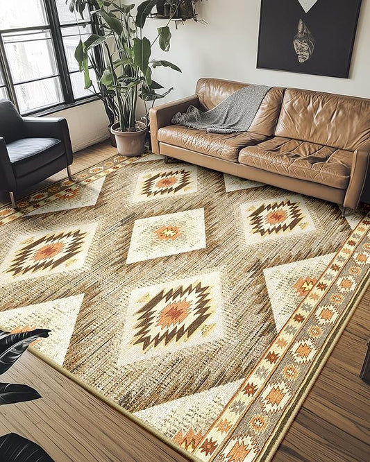 Area Rug 5x8 Rug Machine Washable Non-Slip Low Pile Print Pattern Western Rug for Living Room Bedroom Entryway Tribal Series-Cream/Camel