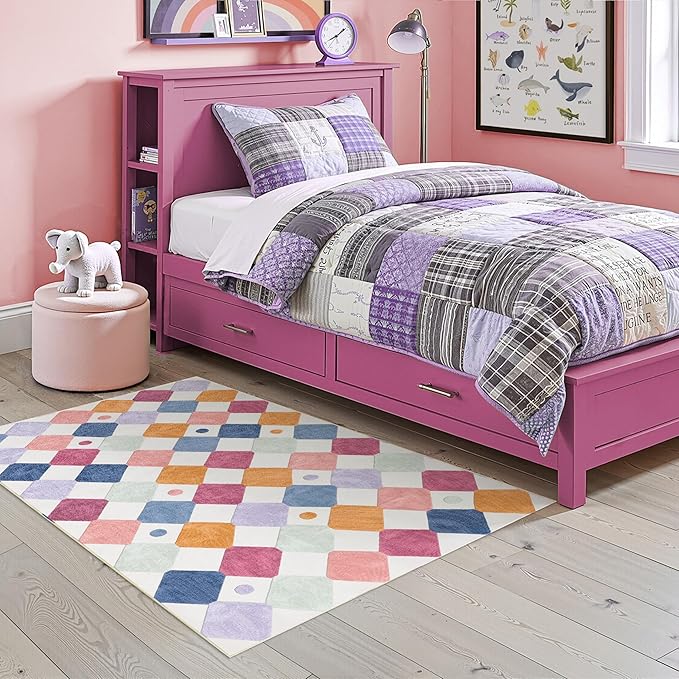 jinchan Macy Area Rug 3x5 Kids Washable Indoor Floor Cover Non-Slip Modern Soft Rug Elementary School Classroom Colorful Diamond Carpet for Nursery Playroom Daycare Living Room Berries on Cream