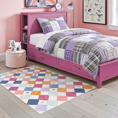 jinchan Macy Area Rug 4x6 Kids Washable Indoor Floor Cover Non-Slip Modern Soft Rug Elementary School Classroom Colorful Diamond Carpet for Nursery Playroom Daycare Living Room Berries on Cream