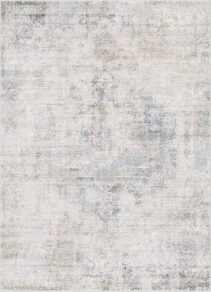 Low Pile Office Rugs for Rolling Chairs - 5x7 Abstract Rugs for Living Room, Large Entryway, Cream Slate Blue Decor, Non Slip with Rubber Backed & Stain Resistant