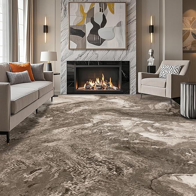Abstract 8x10 Area Rugs: Modern Washable Rug for Living Room Bedroom Dining Room Indoor - Thin Low Pile Non-Slip Large Carpet - Beige Brown