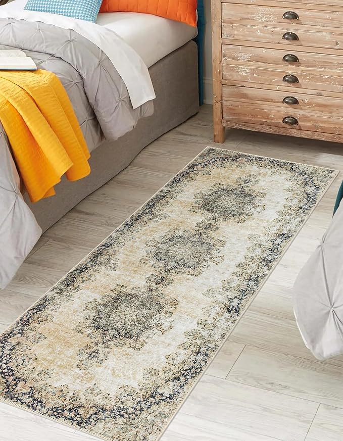 Keen Home Design 2x10 Rug - Machine Washable Runner Rug with Non-Slip Backing, Ideal for Hallway, Entryway, Kitchen, Laundry Room - Vintage, Easy Clean, Durable, Low Pile - (2'6" x 10')