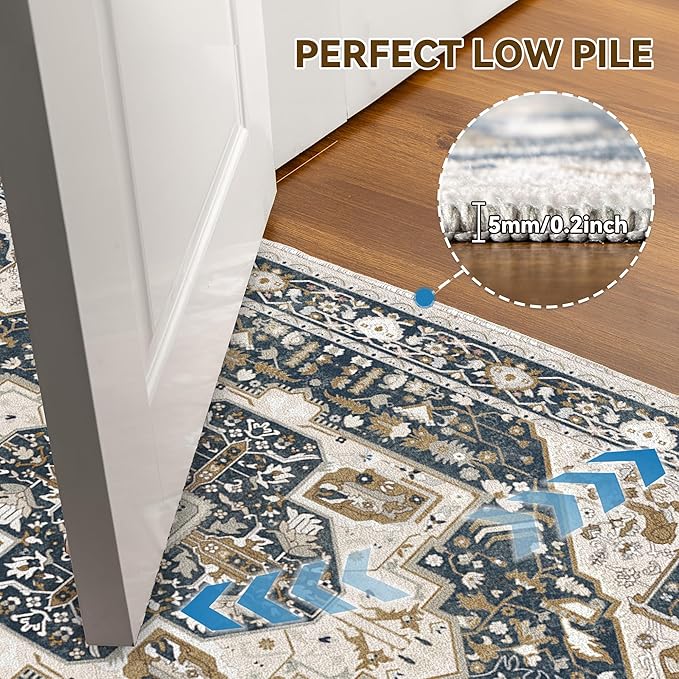 EnHomee 3x5 Washable Area Rugs for Bedroom, Boho Vintage Rugs, Foldable Area Rug for Dining Room, Non-Slip Soft Living Room Rug, Low Pile Large Carpet for Bathroom, Blue and Brown