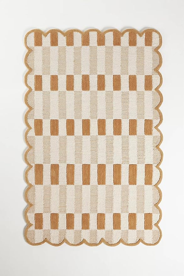 Hand-Tufted Wool Area Rug with Scalloped Edges, Neutral Beige Plaid Pattern, Cozy Soft Accent Rug for Living Room, Bedroom, and Nursery, Handmade Decorative Carpet, 9x9 Ft (Square)