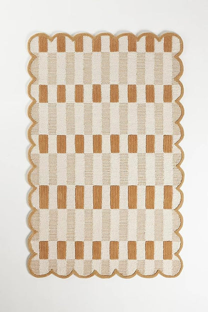 Hand-Tufted Wool Area Rug with Scalloped Edges, Neutral Beige Plaid Pattern, Cozy Soft Accent Rug for Living Room, Bedroom, and Nursery, Handmade Decorative Carpet, 9x9 Ft (Round)