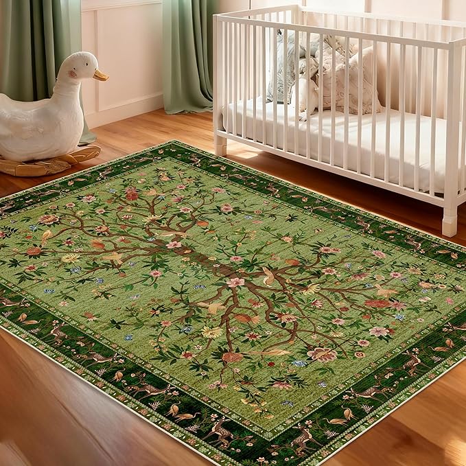 Green Area Rug 3x5 Washable, Non-Slip Small Rug Carpet, Floral Boho Low Pile Soft Throw Rugs for Entryway, Bedroom, Kids Room, Dorm, Office, Nursery, Vintage Home Decor