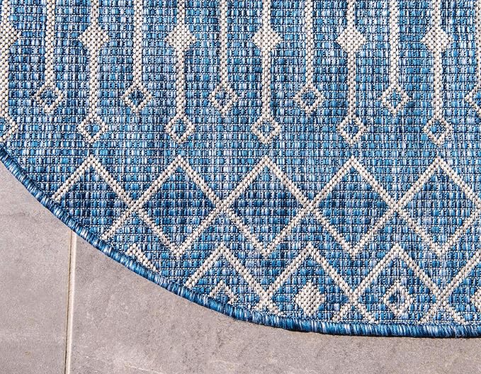 Unique Loom Outdoor Trellis Collection Area Rug - Tribal Trellis (4' 1" Round, Blue/ Ivory)