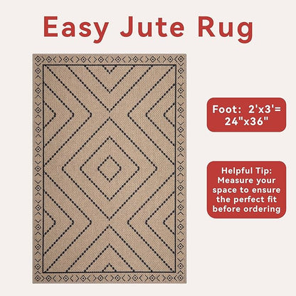 Tangsoo Easy Jute Rug 2x3 Outdoor Rug,Washable Non-Slip Rug for Entryway,Neutral Geometric Ultra Thin Indoor Carpet Farmhouse Throw Mat for Kitchen Bedroom Front Door Entrance