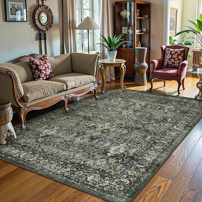 Lahome Washable Area Rugs 5x7 Green Rugs for Living Room,Boho Rug for Bedroom,Dining Room Carpet for Under Table, Distressed Non Slip Low Pile Carpet for Indoor Home Office Nursery(5'x7',Green)
