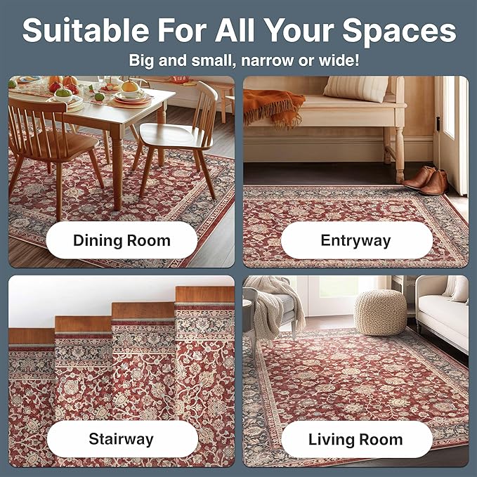 Well Woven Asha Rome Red 7'7" x 9'10" Area Rug - Oriental Floral Pattern, Easy Clean, Floor-Friendly Backing - for Living Room, Bedroom, and Dining Room