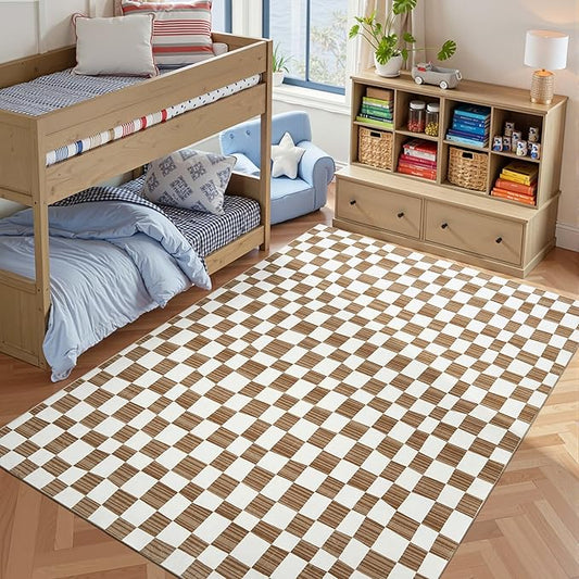 jinchan 6x9 Brown Checkered Area Rugs for Kids Room - Machine Washable Rug Modern Neutral Geometric Lattice Soft Non-Slip Carpet for Nursery Playroom Classroom Living Room Bedroom Home Office