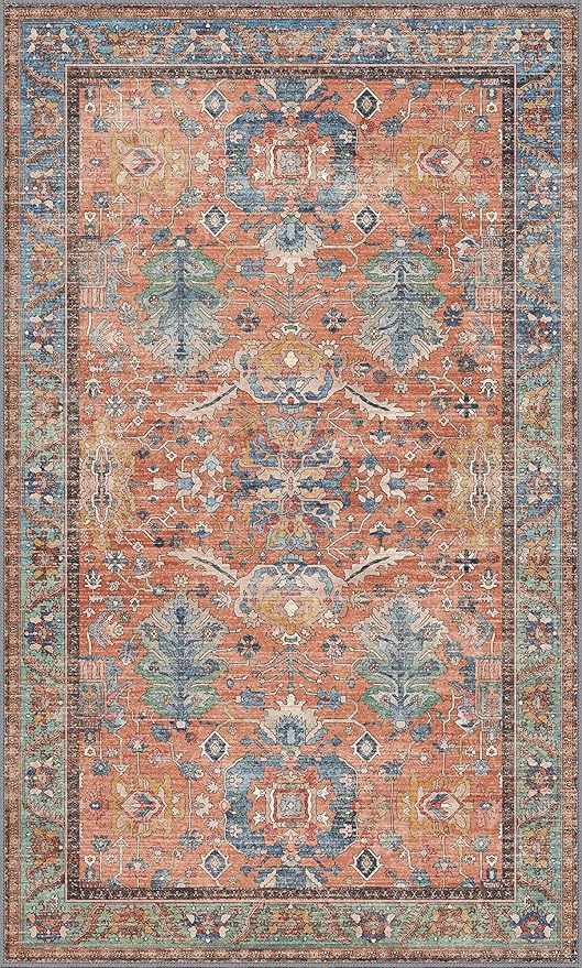 Bavni Area Rug 3x5, Non-Slip Washable Rugs for Living Room Office, Boho Distressed Printed Rug, Low Pile Foldable Decorative Carpet for Bedroom Kitchen Office, Terracotta/Blue