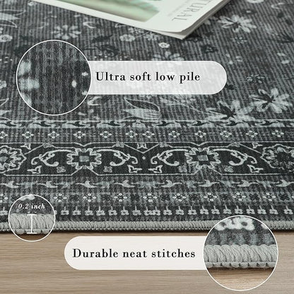 5x7 Machine Washable Area Rug for Living Room Bedroom, Vintage Kitchen Rugs Non Slip, Traditional Indoor Floor Floral Print Carpet for Dining Room, Farmhouse, Office Classroom Black/Gray