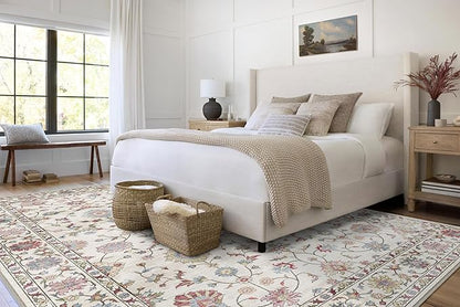 Washable Area Rug 5x8 - Boho Living Room Rug Soft Farmhouse Bedroom Rug Ultra-Thin Cream Colorful Vintage Traditional Floral Dining Room Rugs for Under Table Indoor Carpet for Living Room