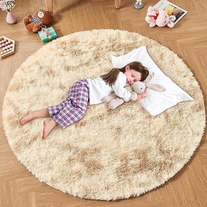 Andency Tie-Dyed Beige Round Area Rug for Living Room, 6x6 ft Shag Rug for Bedroom, Fluffy Circle Carpet for Home Decor, Room, Fuzzy Plush Circular Rug for Dorm Playroom