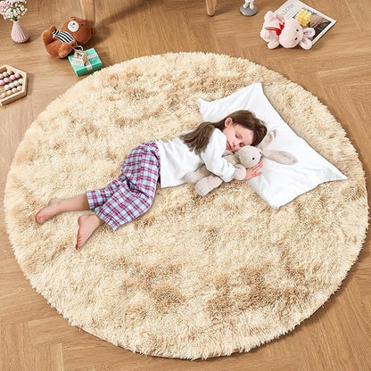 Andency Tie-Dyed Beige Round Area Rug for Living Room, 6x6 ft Shag Rug for Bedroom, Fluffy Circle Carpet for Home Decor, Room, Fuzzy Plush Circular Rug for Dorm Playroom