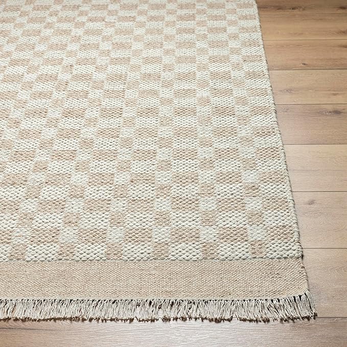 Mark&Day Wool Rugs, 5x8 Clinten Solid and Border Tan Checkered Rug, Tan Ivory Carpet for Living Room, Bedroom or Kitchen (5' x 7'6")