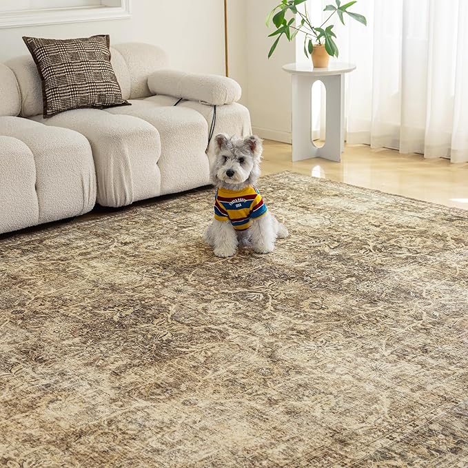 Fmfunctex 2x5 Washable Runner Rug Brown Vintage Neutral Distressed Non Slip Low Pile Indoor Carpet Soft Retro Floral Hallway Entryway Rug for Kitchen Living Room Bedroom Bathroom Laundry Entry Bedside