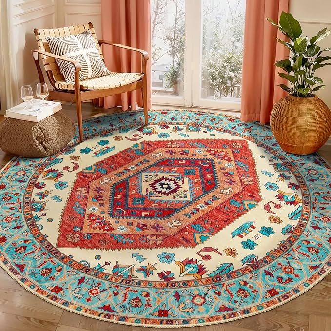 SERISSA Boho Round Area Rug, 5ft Washable Non-Slip Circle Rug, Ultra Soft Oriental Vintage Orange Low-Pile Circular Carpet for Bedroom Entryway Kids Room Office College Dorm Living Room