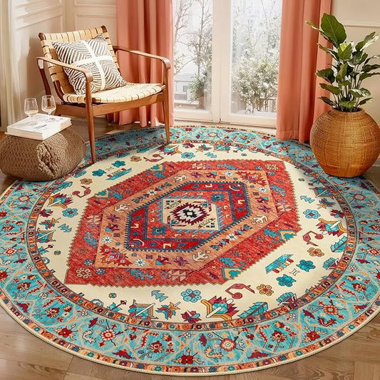SERISSA Boho Round Area Rug, 6ft Washable Non-Slip Circle Rug, Ultra Soft Oriental Vintage Orange Low-Pile Circular Carpet for Bedroom Entryway Kids Room Office College Dorm Living Room