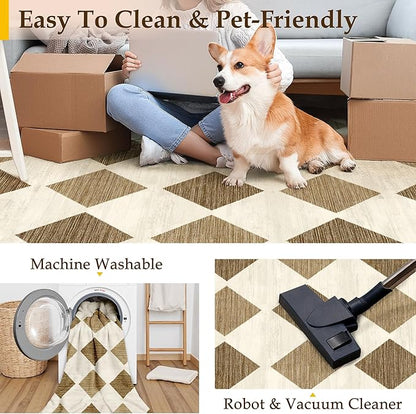 6x9 Checkered Area Rugs for Living Room Brown Machine Washable Large Rug Non-Slip Stain Resistant Low Pile Boho Accent Indoor Throw Carpet for Bedroom Dining Room Classroom