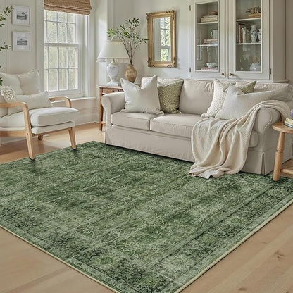 6x9 Green Washable Rug for Living Room Large Vintage Distressed Bedroom Rug Low Pile Non-Slip Soft Boho Carpets for Bedroom Dining Room Home Office Indoor Nursery