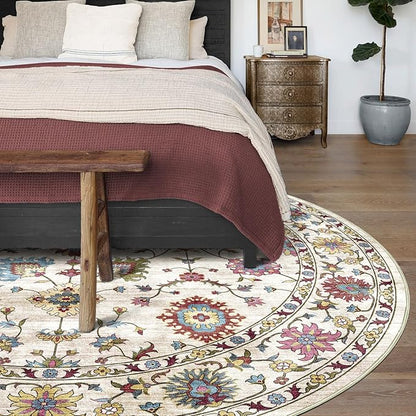 Washable Round Area Rug 8ft - Cream Colorful Traditional Floral Living Room Circle Rug 8x8 Non-Slip Vintage Bohemian Dining Room Carpet Soft Vintage Boho Round Rugs for Bedroom Office Entryway