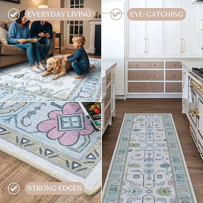 Fame Living Cream Green Oushak Runner Rug, Modern Runners, Turkish, Eclectic, Floral, Pastel, Washable, Small Rugs, Short Runner for Hallway, Entryway, Laundry, Foyer, Kitchen, Bathroom, 2'5"x6'5"