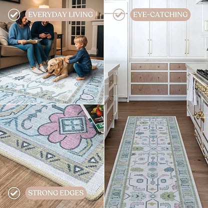 Fame Living Cream Green Oushak Rug, Modern Rugs, Vintage, Turkish, Eclectic, Floral, Pastel, Washable, Small Throw, Accent Area Rug for Living Room, Bedroom, Kitchen, Bathroom, 2'5"x4'9