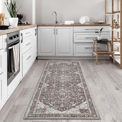 Bloom Rugs Washable Non-Slip 10 ft Runner - Dark Brown Traditional Medallion Runner for Entryway, Hallway, Bathroom, and Kitchen - Exact Size: 2.5' x 10'