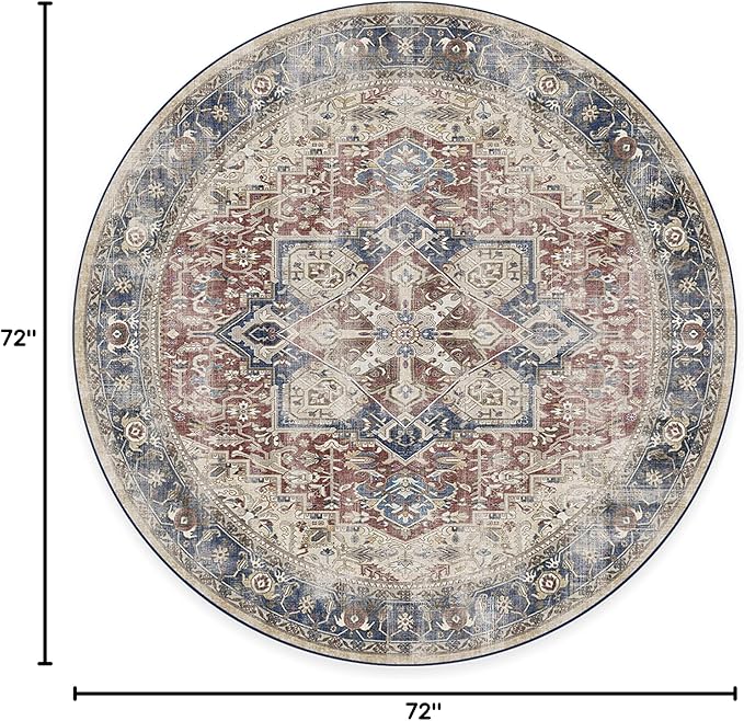 RUGGABLE Washable Vintage Area Rug – Kamran Royal Blue 6 ft Round, Stain-Resistant, Non-Slip – Medium Machine Washable Rugs for Living Room, Bedroom, Hallway, Entryway & Office–with Standard Pad