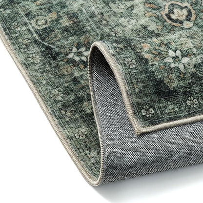 2x3 Washable Area Rug for Entryway Green Vintage Non-Slip Low Pile Distressed Rustic Carpet Lightweight Vacuumable Inoor Door Mat Soft Small Throw Rug for Entrance Bathroom