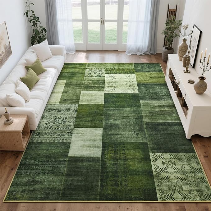 Tepook Modern Area Rug for Living Room, 8x10 Geometric Large Rugs for Bedroom, Washable Patchwork Rug Indoor Non-Slip Throw Carpets for Dining Room Office Farmhouse Home Decor, Green