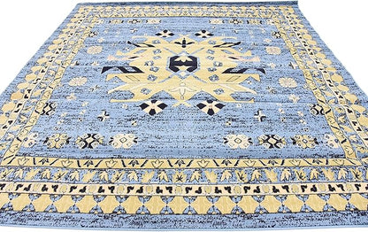 Unique Loom Taftan Collection Border Geometric Tribal Inspired Design Area Rug, 8 ft, Light Blue/Gold