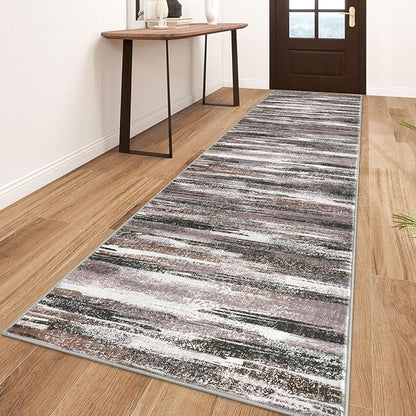 Modern Abstract Runner Rug 3x10, Dark Light Brown White Washable Kitchen Runner Non-Slip Soft Hallway Rug Runner Thin Print Faux Wool Carpet for Entryway Bedroom Laundry Room Indoor