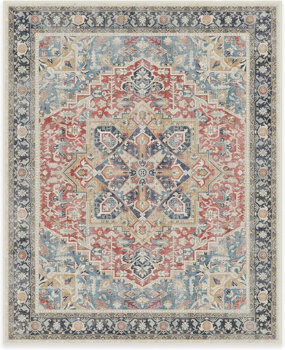 RUGGABLE Washable Vintage Area Rug – Kamran Cayenne Red 8x10, Stain-Resistant, Non-Slip – Large Machine Washable Rugs for Living Room, Bedroom, Hallway, Entryway & Office–with Standard Pad