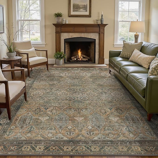 GENIMO 5x7 Area Rugs for Living Room, Machine Washable Non Slip Vintage Rugs, Low Pile Lightweight Chenille Print Rug for Bedroom, Dining Room, Home Office, Warm Taupe