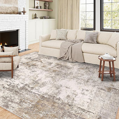 5x7 Washable Area Rug Brown Grey Abstract Living Room Bedroom Throw Rug Neutral Modern Non Slip Soft Low Pile Indoor Carpet for Dining Room Office Entryway