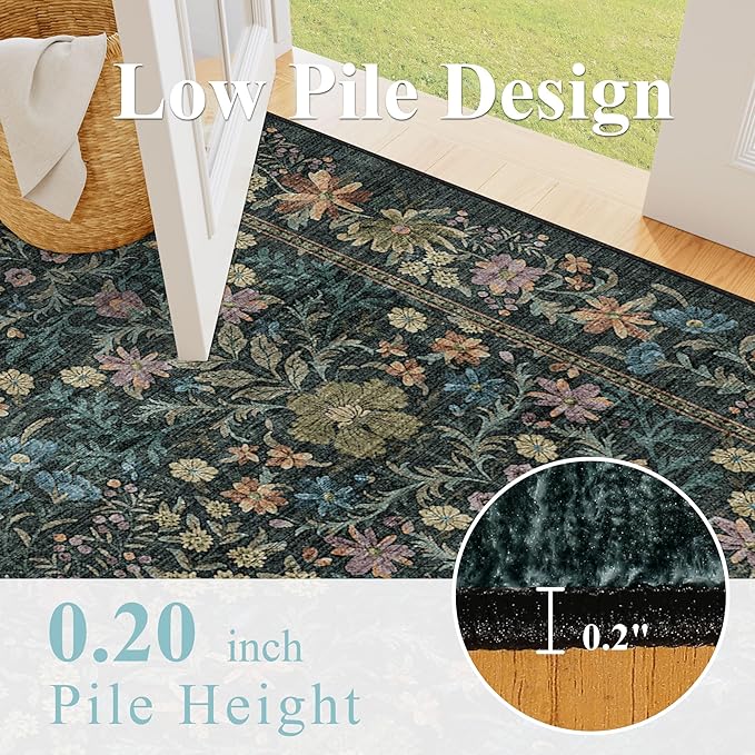 DUKINO 2x4 Rug for Entryway, Lightweight Washable Runner Rug with Non Slip Backing, Vintage Floral Low Pile Small Carpet Runner for Kitchen, Hallway, Entryway, Bathroom, Bedroom, Blue