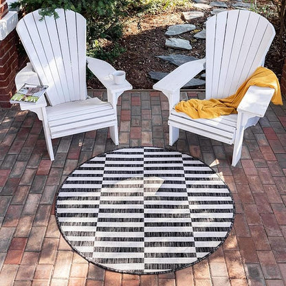 Unique Loom Outdoor Striped Collection Area Rug - Striped (4' 1" Round, Charcoal/Ivory)