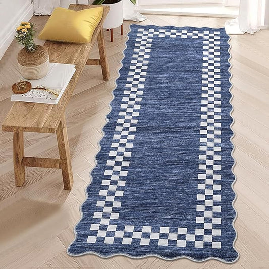 GarveeHome Hallway Runner Rug 2x6 Non Slip Scalloped Washable Rug for Kitchen Entry Stain Resistant Modern Border Throw Floor Carpet Long Runner Mat for Bathroom Living Room Bedside, Blue