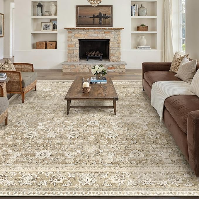 HUGEAR 8x10 Machine Washable Rugs Beige Hallway Large Area Rug Indoor Accent Rug Floral Low Pile Carpet Soft Throw Aesthetic Rug Bedroom Living Room Office Dining Room Kitchen Laundry Room